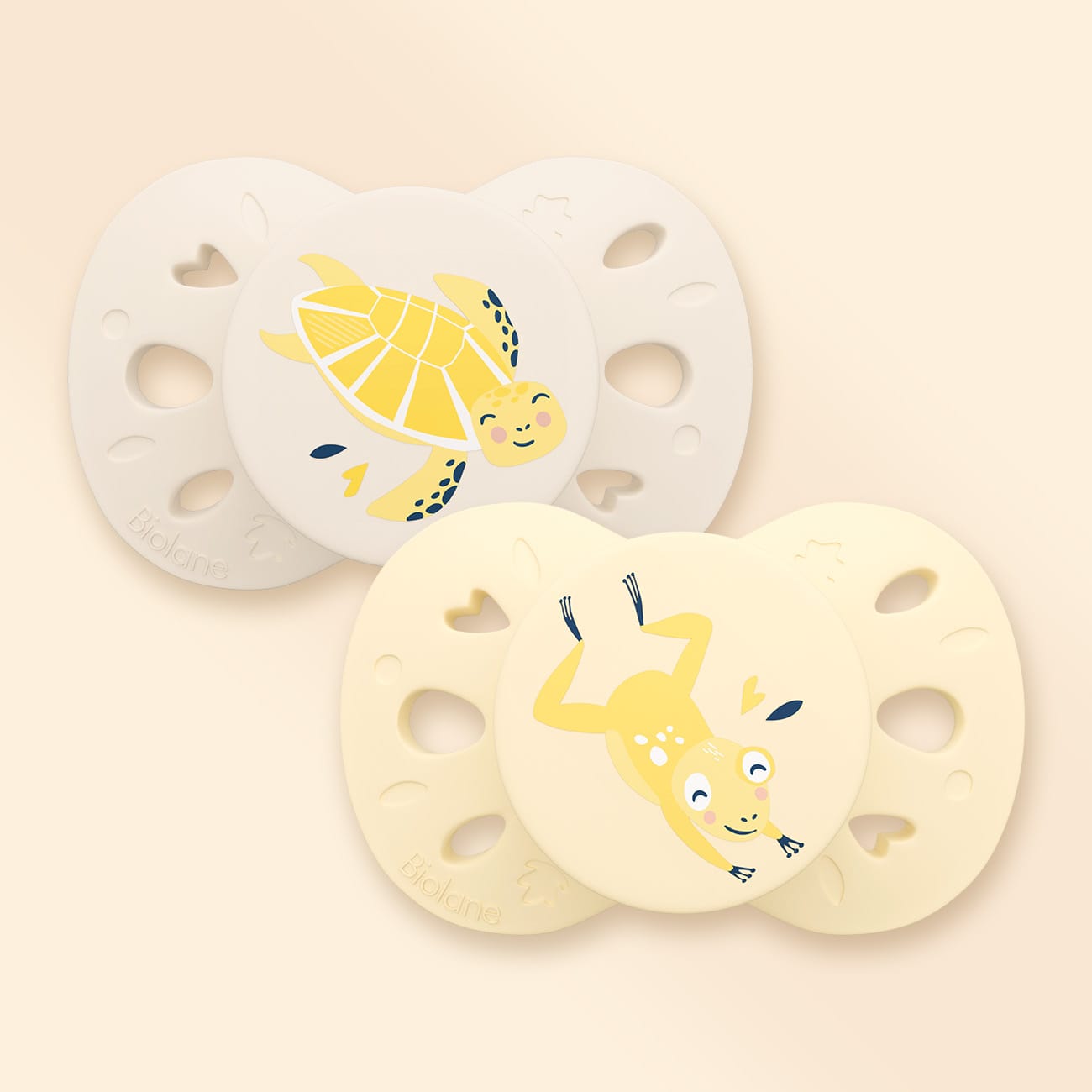 Lot de 2 sucettes anatomiques animaux 0-6 mois Jaune