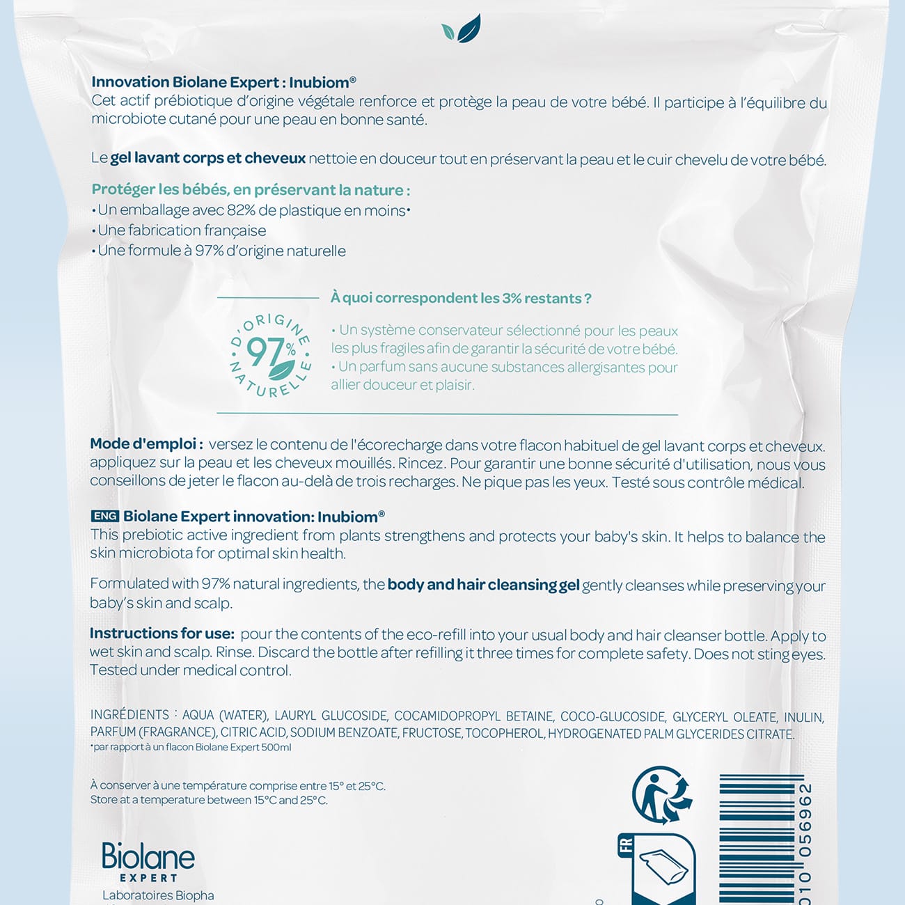 Eco-Recharge gel lavant corps et cheveux Biolane Expert